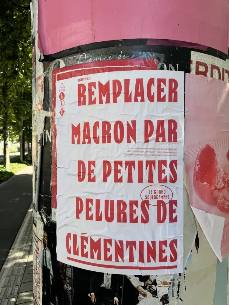 Sur une colonne, une affiche qui propose de « Remplacer Macron par de petites pelures de clémentine »