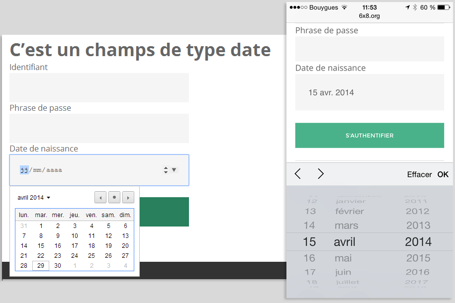 Maquettede formulaire utilisant un champs de type date